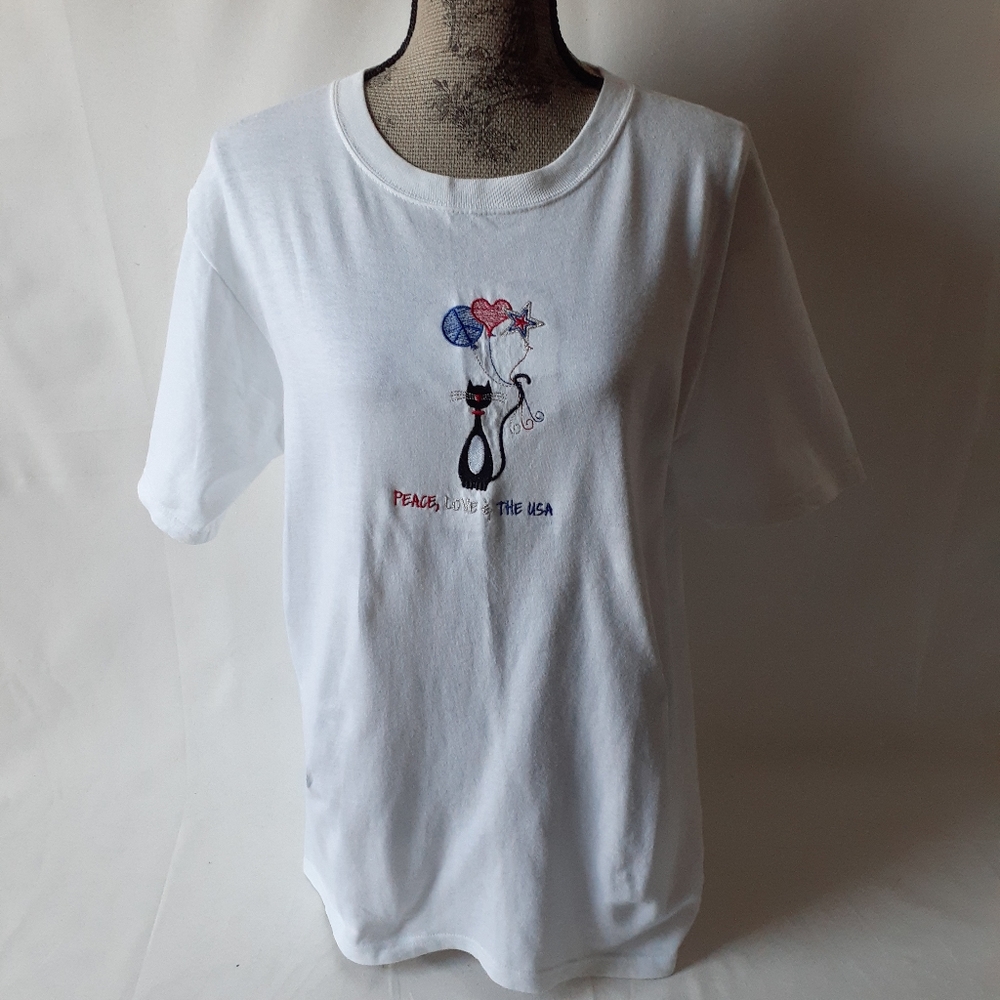 Peace Love & USA women's embroidered t-shirt